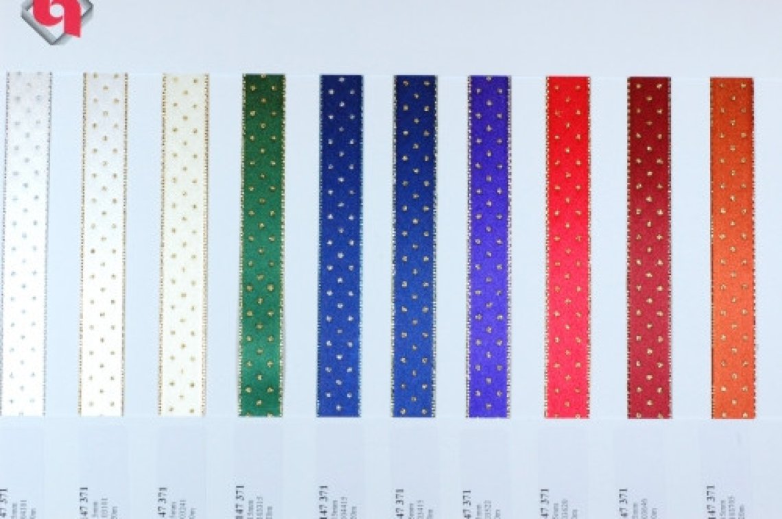 Stuha atlasová oboulící s rexorem puntík šíře 15mm