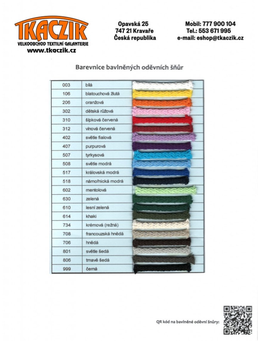 Šnůra oděvní BAVLNA 5mm