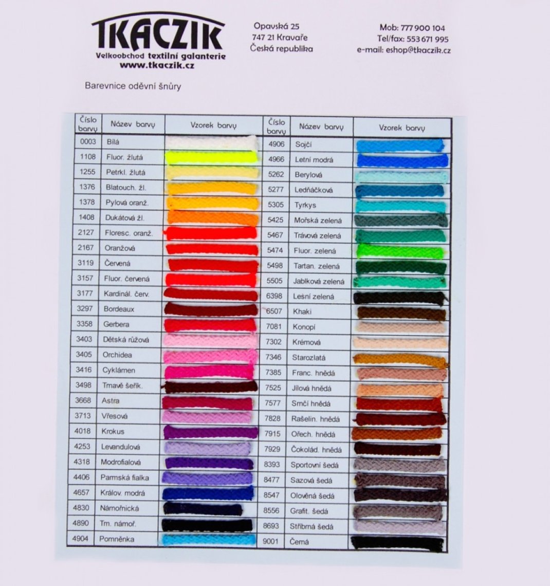 Barevnice oděvní šnůra PES