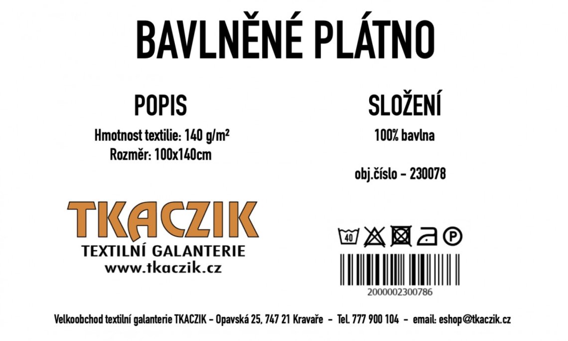 Bavlněné plátno / látka 140g/m² rozměr 100x140 cm
